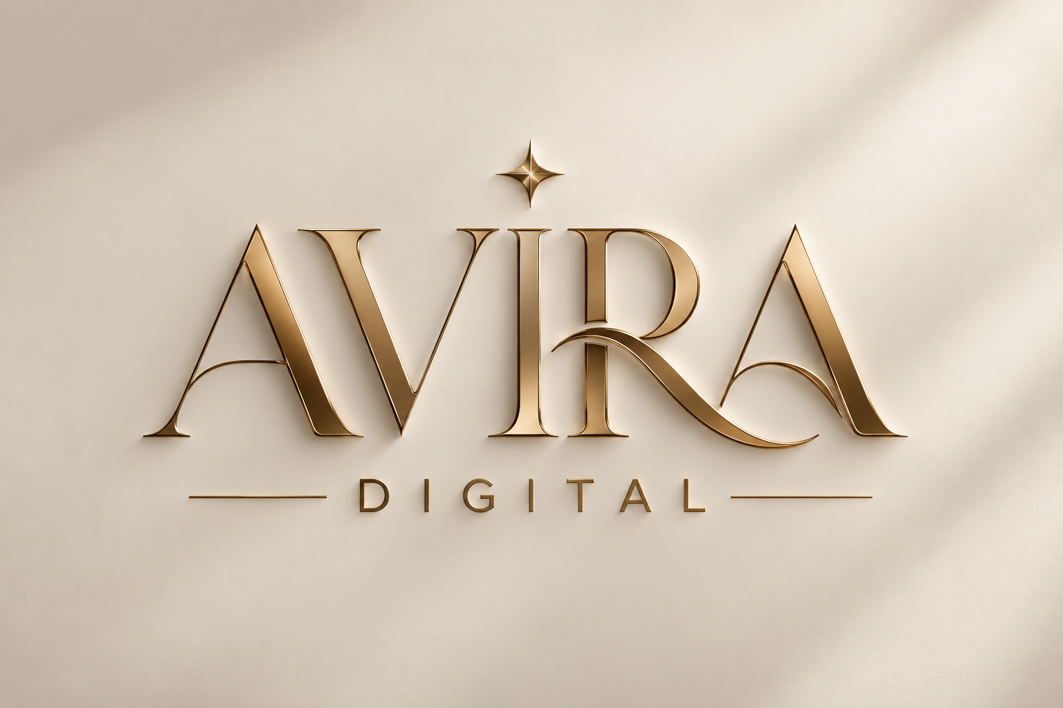 Avira Digital’s sculpted gold wordmark on warm ivory